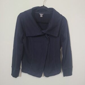 Eddie Bauer Small Wrap Jacket Womens Navy Blue Asymmetrical Shawl Collar Fleece